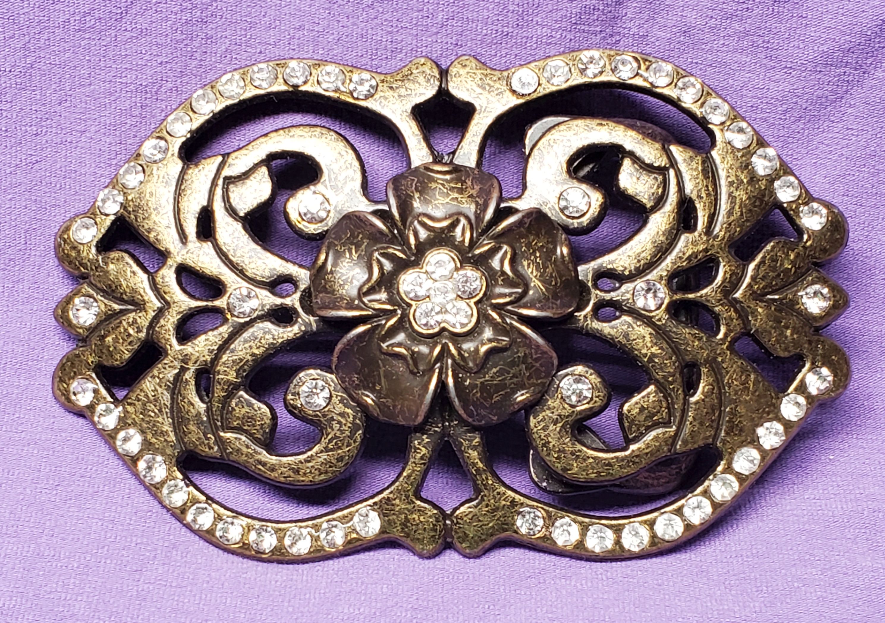 Bronze Belt Buckle w/ White Rhinestones